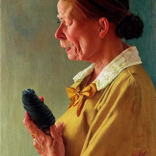 Prompt: portrait of a crying woman giving a blank stare to the viewer. She has an 🍦. A painting by Norman Rockwell