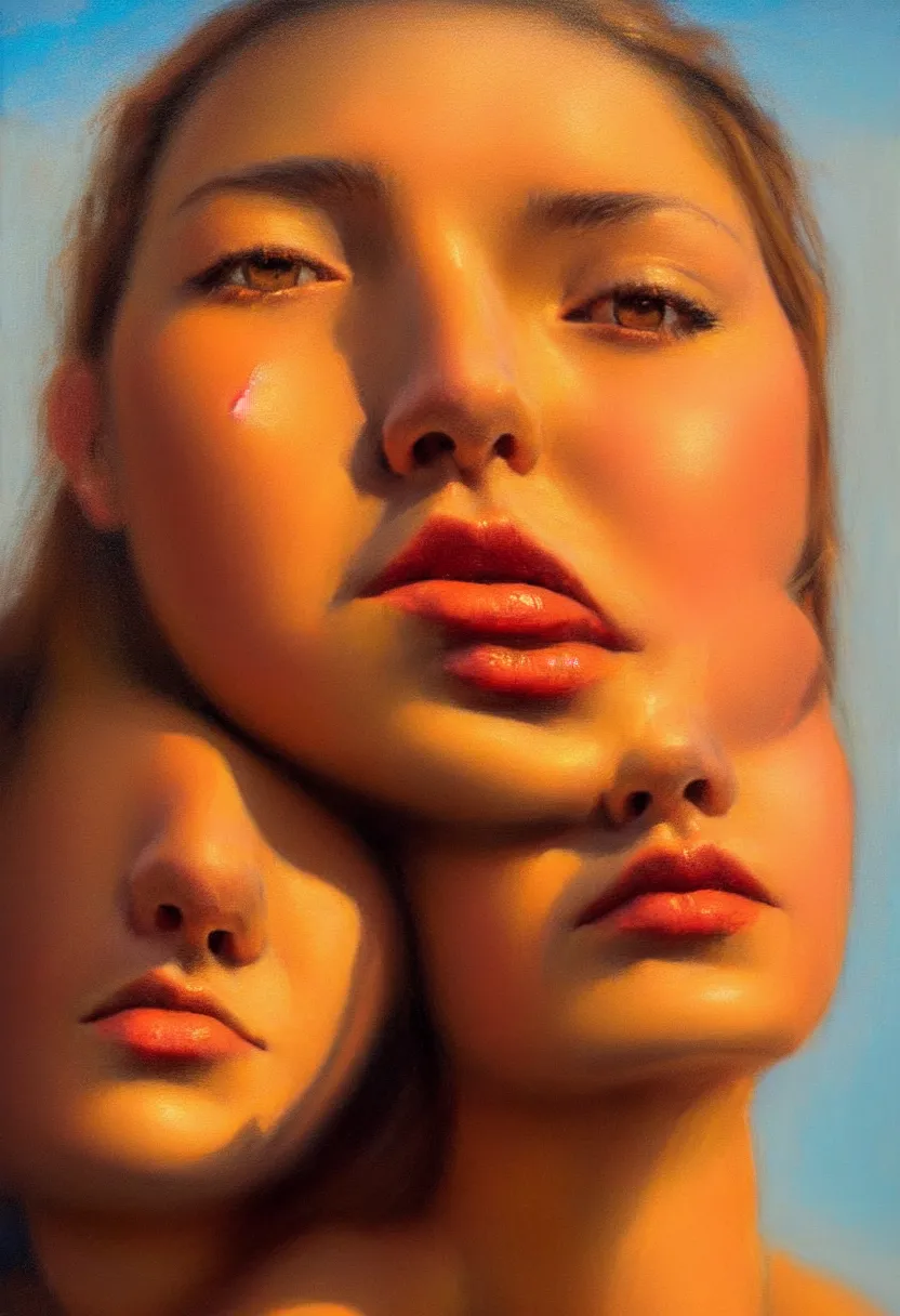 Prompt: a face portrait of a beautiful girl enjoying the warm sunlight, cuban setting, close - shot, symmetrical face, warm colors, soft lighting, atmospheric, cinematic, moody, in the style of diego koi, gina heyer, luiz escanuela, art by alyssa monk, hyperrealism, rule of thirds, golden ratio, oil on canvas, 8 k