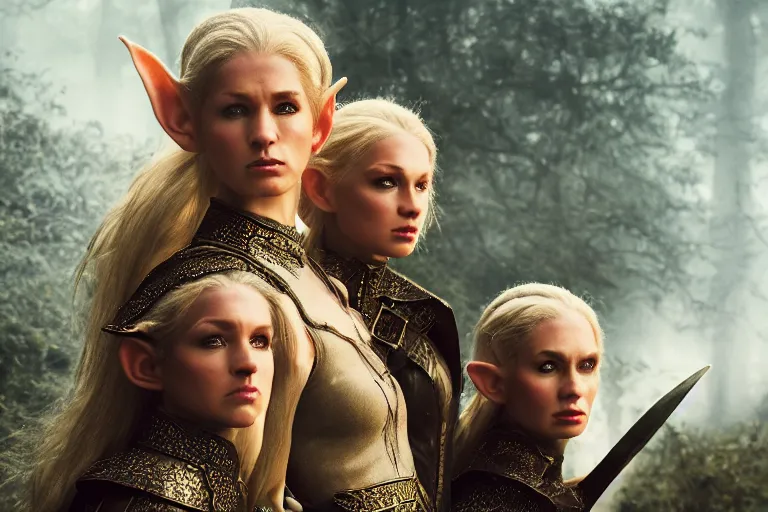 Image similar to a cinematic headshot portrait of three female elf warriors, 8 k, ultra realistic, dramatic lighting, mist, by annie leibovitz