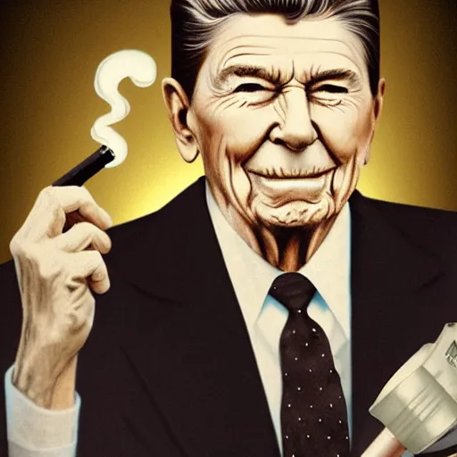 Prompt: Ronald Reagan with cat ears smoking a dirty old pipe, photorealistic