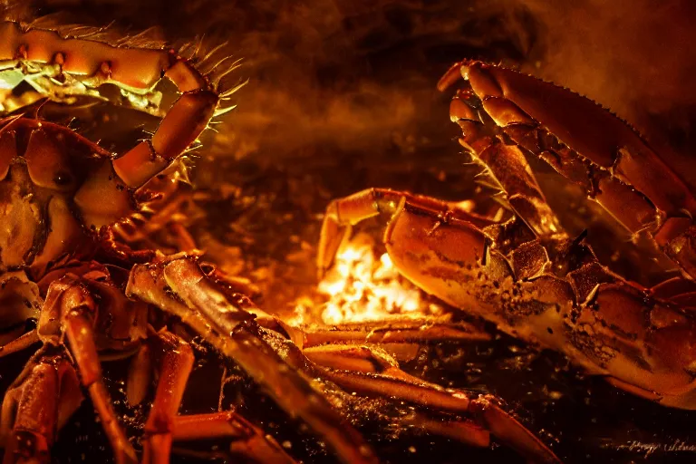 Image similar to royal king crab in his castle, in 2 0 1 2, bathed in the the glow of a fire, royalcore, low - light photograph, photography by tyler mitchell