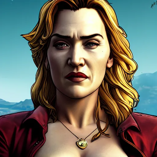 Image similar to kate winslet portrait, borderlands, tales from the borderlands, the wolf among us, comic, cinematic lighting, studio quality, 8 k