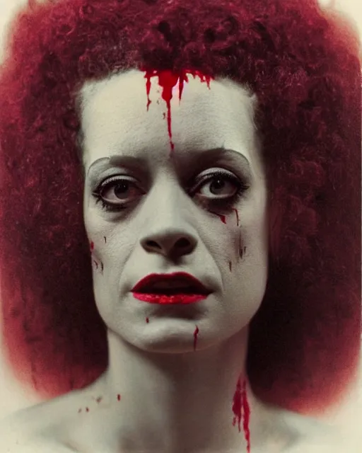 Prompt: an instant photo of a beautiful but sinister bride of frankenstein in layers of fear, with haunted eyes and curly hair, 1 9 7 0 s, seventies, delicate embellishments, a little blood, crimson, painterly, offset printing technique, mary jane ansell