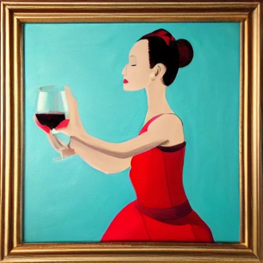 Image similar to square painting of a ballerina drinking wine in a teal room all on a red background