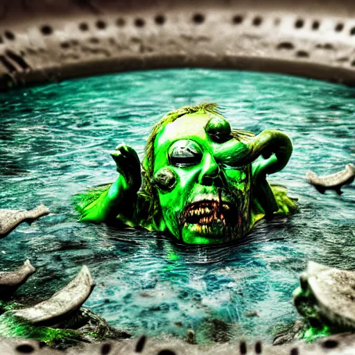 Image similar to zombie creatures in green liquid, green oozing pool pit, cinematic lighting, various refining methods, micro macro autofocus, ultra definition, award winning photo