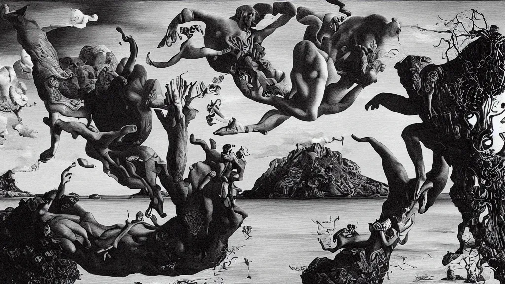 Image similar to the newest masterpiece of salvador dali inspired by dan hillier, it is called ; the creation of adam