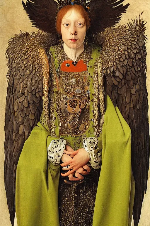 Image similar to portrait of humanoid iridescent green harpy eagle wearing a loose tunic. an anthropomorphic harpy birdr. fantasy, oil painting by jan van eyck, northern renaissance art, oil on canvas, wet - on - wet technique, realistic, expressive emotions, intricate textures, illusionistic detail