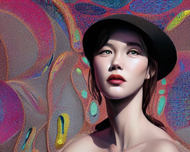 Prompt: portrait of mystic lips hidden under wide - brim hat, intricate abstract. intricate artwork, by tooth wu, wlop, beeple, dan mumford. concept art, octane render, trending on artstation, greg rutkowski very coherent symmetrical artwork. cinematic, key art, hyper realism, high detail, octane render, 8 k, iridescent accents