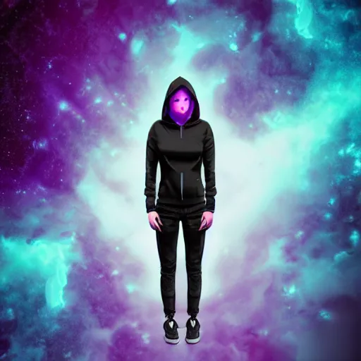 Image similar to poster artwork, sci fi, a female, full body, black hoodie techie, black hair with purple streaks, 8 k