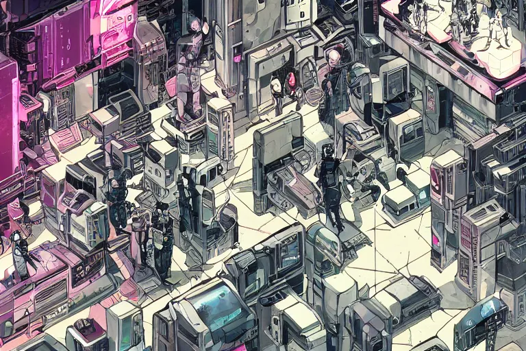 Image similar to a cyberpunk illustration of a group of female androids in style of masamune shirow, repairing each other after a huge battle. Many of the androids will not survive, hyper-detailed, intricate, view from above