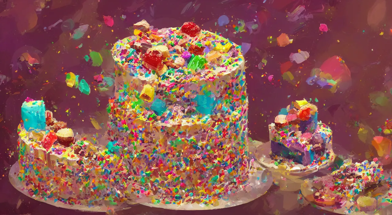 Image similar to a colorful digital painting of a cake with lots of sweets on it, by greg rutkowski and james gurney, trending on artstation