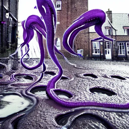 Image similar to close up eldritch purple tentacles and tendrils coming out of a puddle in a typical uk town. horror. sinister. polaroid