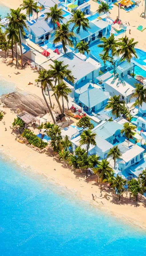 Image similar to beautiful beachside village, palm trees, blue water, isometric view, tilt shift, highly detailed