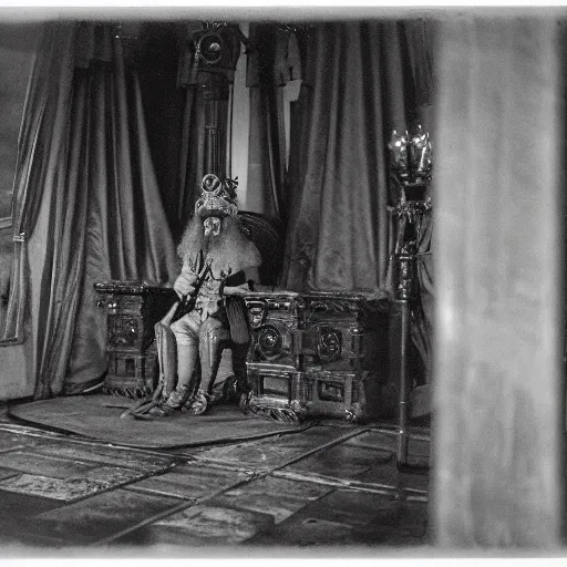 Prompt: ivan the terrible in his chamber in moscow kills the time, kodak, old photo, black and white, film, wide lens, 1 6 mm,