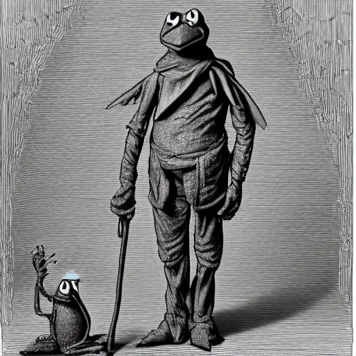 Image similar to Kermit the Frog from Sesame Street by Gustave Dore, full body grayscale drawing