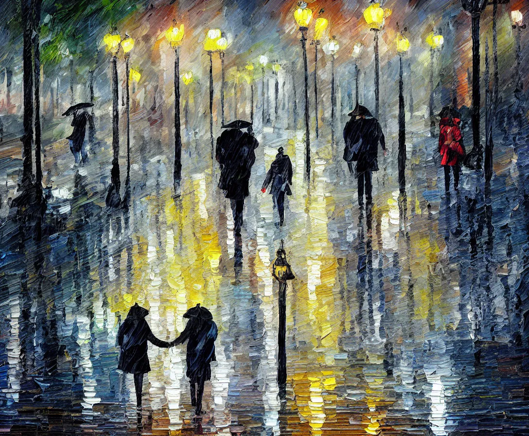 Image similar to a couple walking in the park, oil painting, night time, new york city, rain, wet walkway, park bench, street lights, soft tones