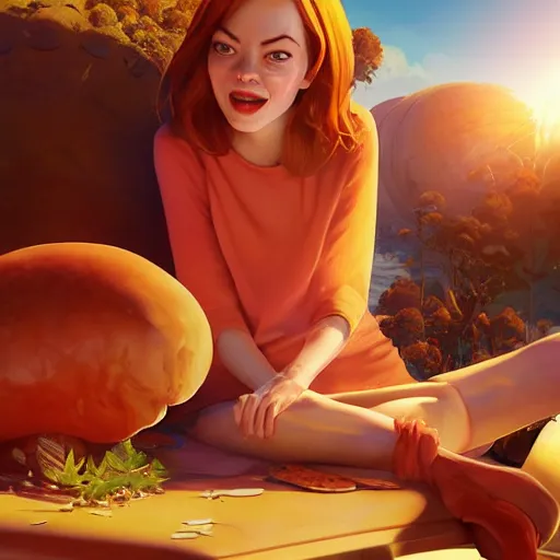 Image similar to emma stone surprised to see flying big italian sausages by concept artist gervasio canda, behance hd by jesper ejsing, by rhads, makoto shinkai and lois van baarle, ilya kuvshinov, rossdraws global illumination radiating a glowing aura global illumination ray tracing hdr render in unreal engine 5