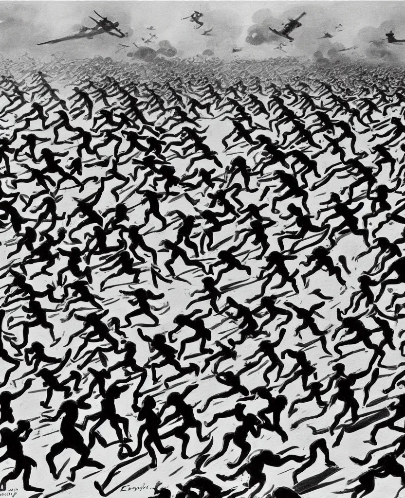 Prompt: a beautiful painting of running soldiers in el alamein battle, wwii,, black and white, painted by escher