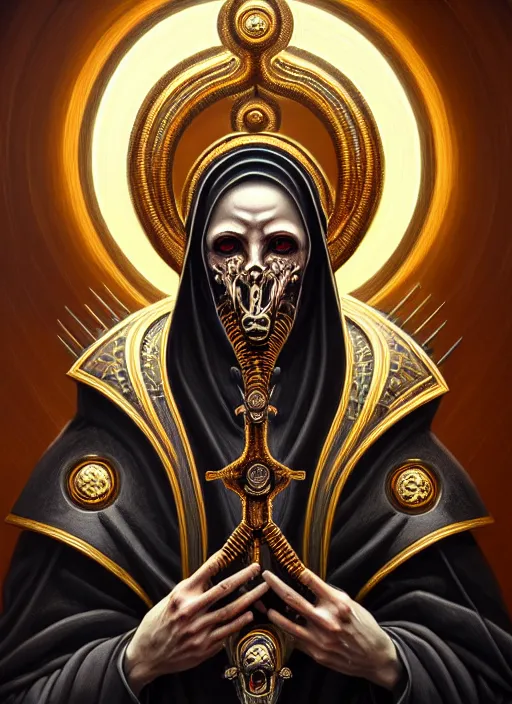 Prompt: hyper detailed ultra sharp orthodox saint icon, biomechanical halo, unholy man, trending on artstation, byzantine aesthetic, elden ring, religious, decadent, ornate, intricate, digital painting, concept art, smooth, sharp focus, illustration, art by artgerm and greg rutkowski and h. r. giger, 8 k