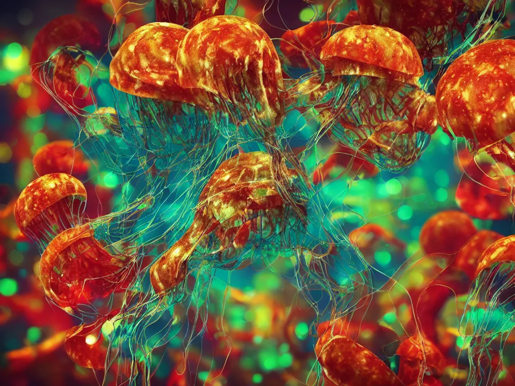 Prompt: side view a group of hamburger mix jellyfish growing form tree branch, 8 k, surrealistic, sharp focus, super resolution, c 4 d, pop art, highly quality penetrating feeling bright light, cg, cyberpunk, style by andy warhol