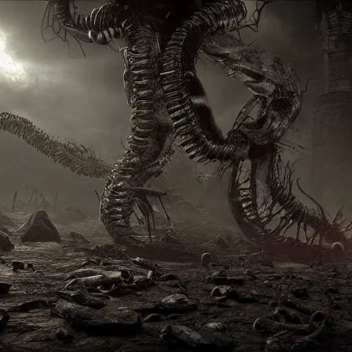 Prompt: lovecraftian horror, huge, dark, evil, terrorizing earth, photorealistic, sci fi, unreal engine, cinematic, highly detailed, 4 k render, apocalyptic