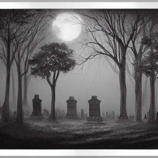 Image similar to an endless eerie graveyard with ancient tombstones, misty, thick strands of fog, catacomb in background, frame is flanked by dark trees, a shadowy ghostlike creature is visible, creepy, night, finely detailed extremely realistic black and white pencil drawing