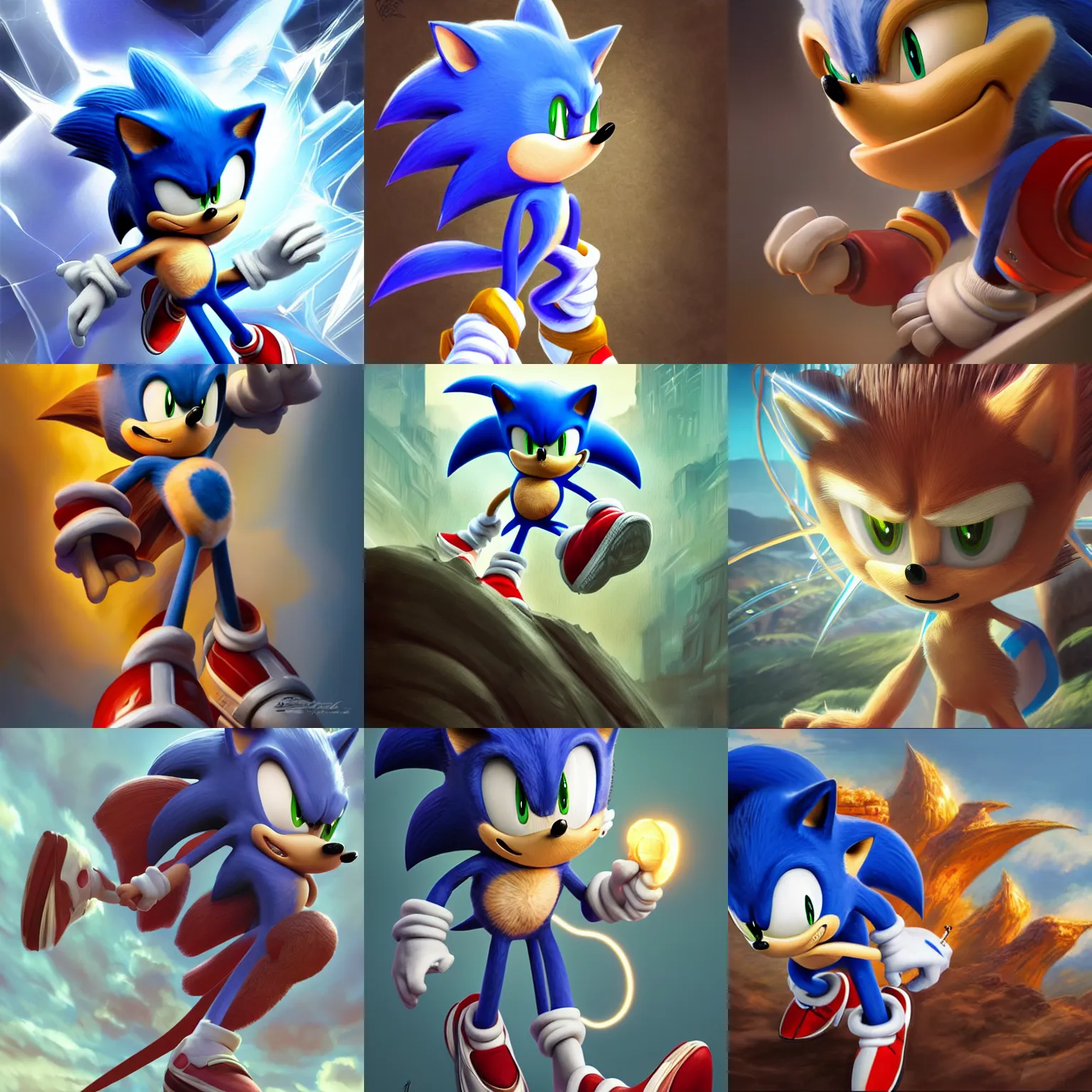 Prompt: Sonic the Hedgehog, highly detailed, digital painting, artstation, concept art, smooth, sharp focus, illustration, Unreal Engine 5, 8K, art by artgerm and greg rutkowski and alphonse mucha