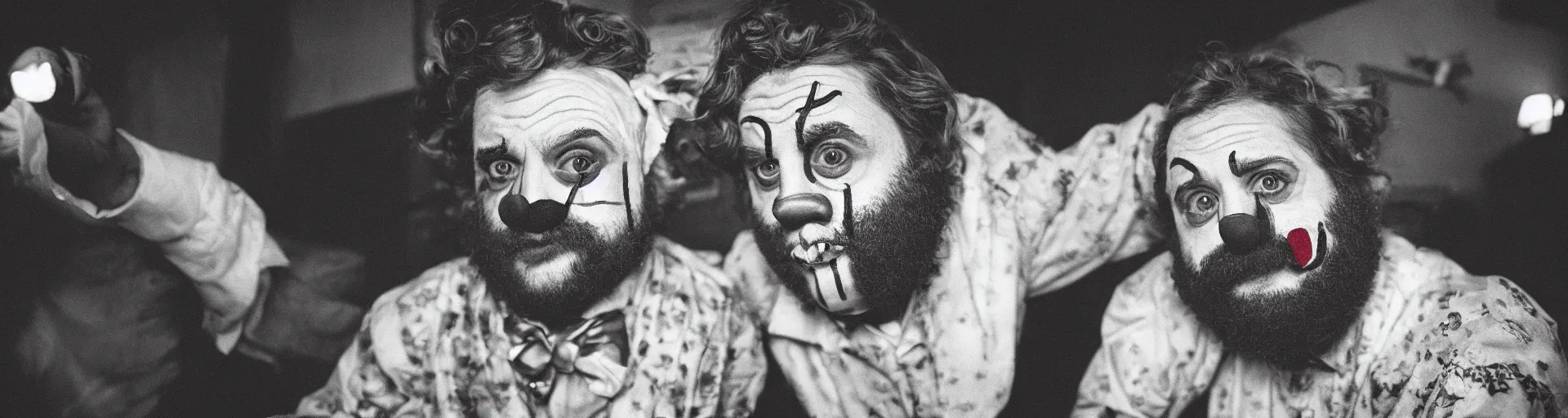 Image similar to a 35mm photograph of Zach Galifianakis as a sad clown in the 1930's, Canon 50mm, cinematic lighting, photography, retro, film, Kodachrome, closeup