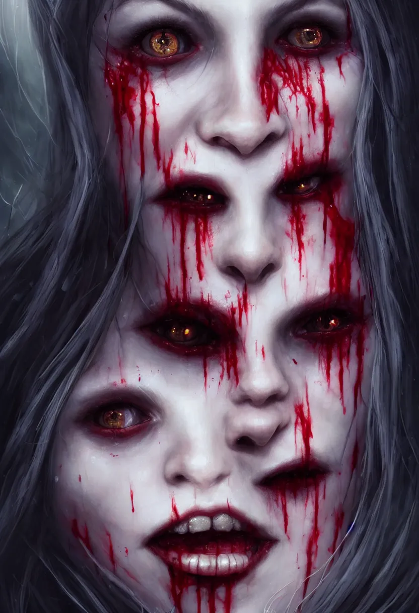 Prompt: beautiful, very extreme closeup portrait, one face, one face, one face, bloody face, vampire girl, extreme blood, vampire fangs, medieval dress. witch, makeup. unreal engine, greg rutkowski, loish, rhads, beeple, tom bagshaw, alphonse mucha, global illumination, detailed and intricate environment