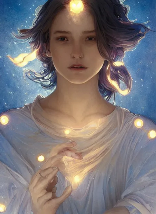 Prompt: a glowing blue sprite made of light flying through the air. she looks like a teenage girl and wears a long flowing dress. she is made of blue light and fades into light at the edges. her skin and hair are blue. beautiful fantasy art by artgerm and greg rutkowski and alphonse mucha