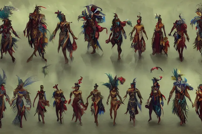 Prompt: Character design of Brazil Carnival costumes, normal people with costumes, cinematic lighting, dramatic atmosphere, by Craig Mullins, 4k resolution, trending on artstation