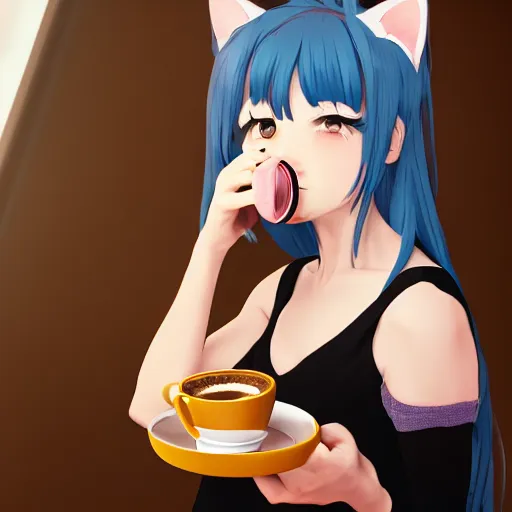 Prompt: a portrait of a girl with cat ear drinking coffee , fantasy, anime , madhouse production, HDR, natural light, shoulder level shot, dynamic pose, award winning photograph, Mucha style 4k,