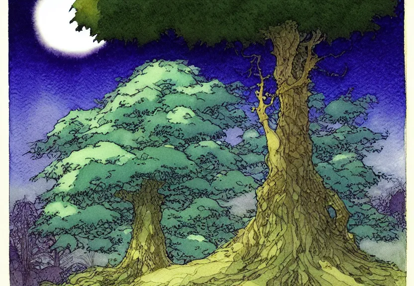 Prompt: a simple watercolor fantasy concept art of a dark grey cube next to a tree at night. by studio ghibli, rebecca guay, michael kaluta, charles vess