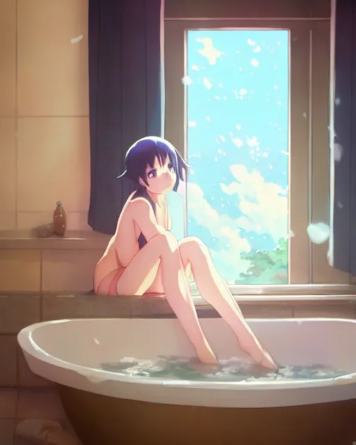 Prompt: a beautiful photo of a girl sitting in a bath robe watching the world outside her window burn ， by makoto shinkai an krenz cushart