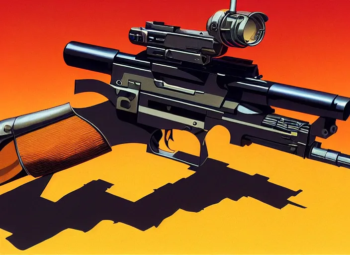 Image similar to futuristic gun on while background, hyperrealism, no blur, 4 k resolution, ultra detailed, style of style of robert mccall, syd mead, tyler edlin, wes anderson, greg rutkowski