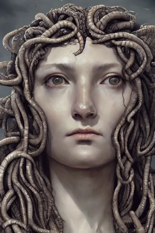 Prompt: A portrait of medusa statue by Greg Rutkowski, Sung Choi, Mitchell Mohrhauser, Maciej Kuciara, Johnson Ting, Maxim Verehin, Peter Konig, Bloodborne , 8k photorealistic, cinematic lighting, HD, high details, dramatic, atmospheric , trending on artstation