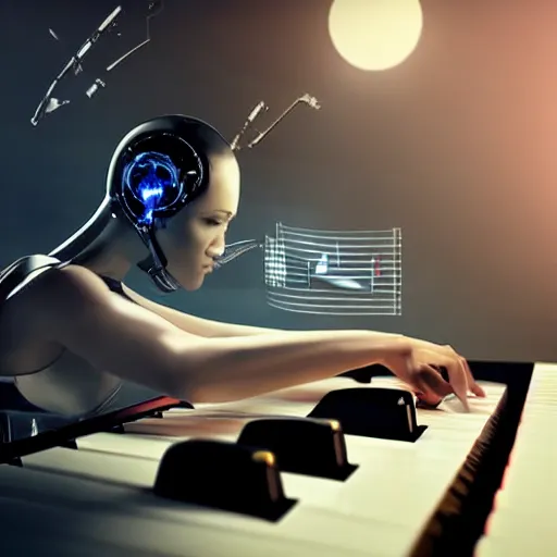 Image similar to a cyborg playing the piano in a futuristic apartment, award winning art, 4k, highly detailed, sharp focus, cinematic lighting, smooth