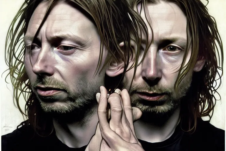 Prompt: hyper realistic portrait of thom yorke singer songwriter, side, liminal space, by lee bermejo, alphonse mucha and greg rutkowski mixed with kurt cobain