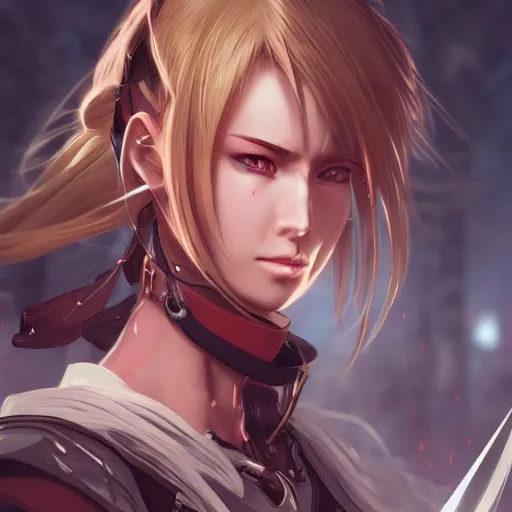 Image similar to a female warrior, character art portrait, anime key visual, official media, illustrated by wlop, extremely detailed, 8 k, trending on artstation, cinematic lighting, beautiful