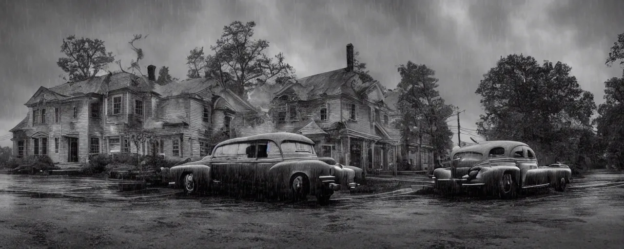 Image similar to Lovecraft Country, ultra detailed haunted house, ultra detailed storm clouds, dense rain, establishing atmospheric shot, octane renderer, unreal engine, F11 aperture, night, volumetric fog, detailed lighting and thunder, stormy weather, ultra detailed rain drops, reflections, film grain, single ultra detailed grey 1948 Packard Station Sedan parked in the street,