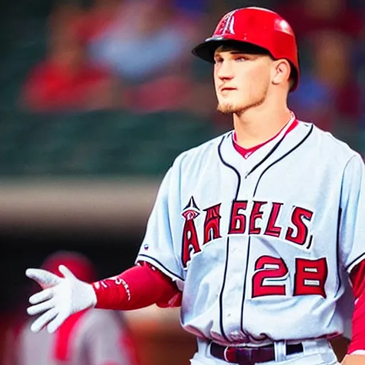 Image similar to “a realistic photo of a guy who is an attractive baseball player man who is half robot and half humanoid, who is a robot, Mike Trout, shiny skin, blue eyes”