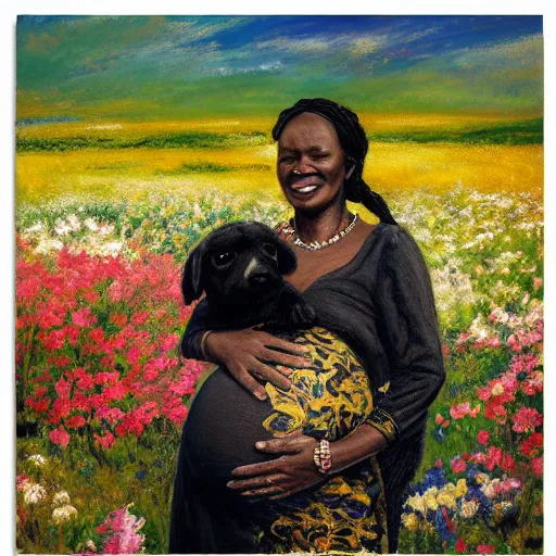 Image similar to a pregnant east african woman with her black puppy in a vast field of flowers, relaxing, wide shot, golden hour, vintage, impressionist painting, fine art, oil painting, dreamy, pastel, laughing, happy, intricate details, sharp, peaceful, serene