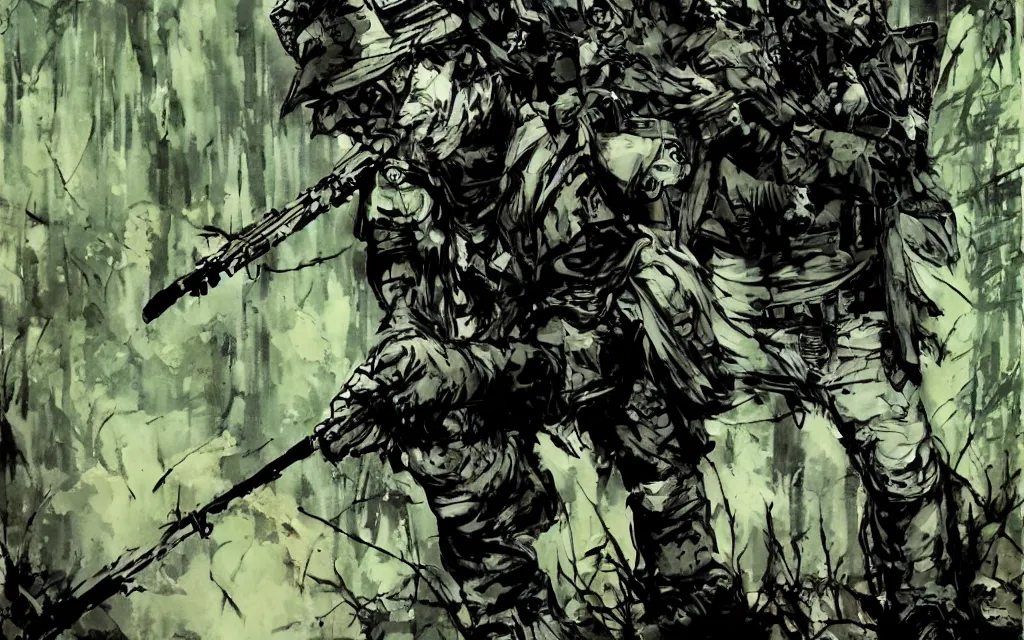 Image similar to A soldier in the woods, artwork by Yoji Shinkawa style