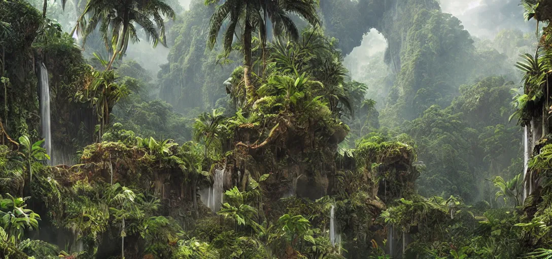 Image similar to exotic tropical jungle, astec ruins of el dorado, concept art, matte painting, 4k , clean post process, film still, style by raphael lacoste, eddie mendoza, alex ross