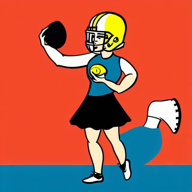 Prompt: female teacher holding apple like football in rushing linebacker pose vector logo, professional NFL sports style helmet logo, flat colours, bright colours, Adobe EPS, SVG, professional, sharp edges