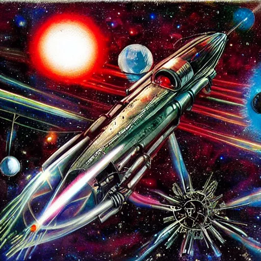 Image similar to atompunk rocket ship sailing across the infinite cosmos, beyond galaxies, raygun gothic style, evil, painting by daemorph art