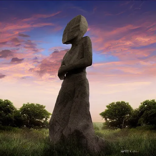 Image similar to a giant stone statue of the lambda symbol, epic sunset skies in the background, highly detailed digital art by jullie bell