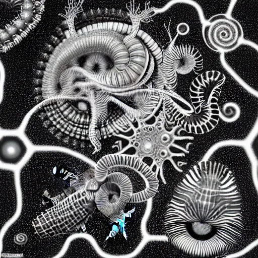 Image similar to a black and white drawing of a variety of sea life and filled with gundam mech equipment space station, a microscopic photo by ernst haeckel, zbrush central, kinetic pointillism, bioluminescence, intricate patterns, photoillustration