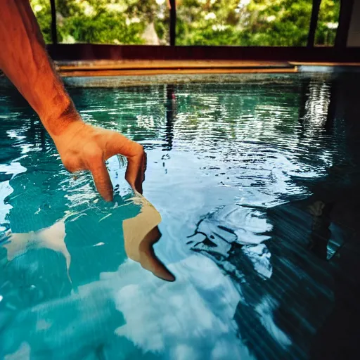 Image similar to a man touching a pool of liquid that shows a reflection of a ghost