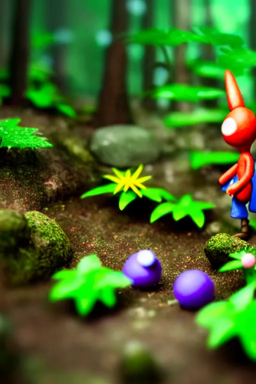 Prompt: claymation nintendo's pikmin on a forest floor, tilt shift photography